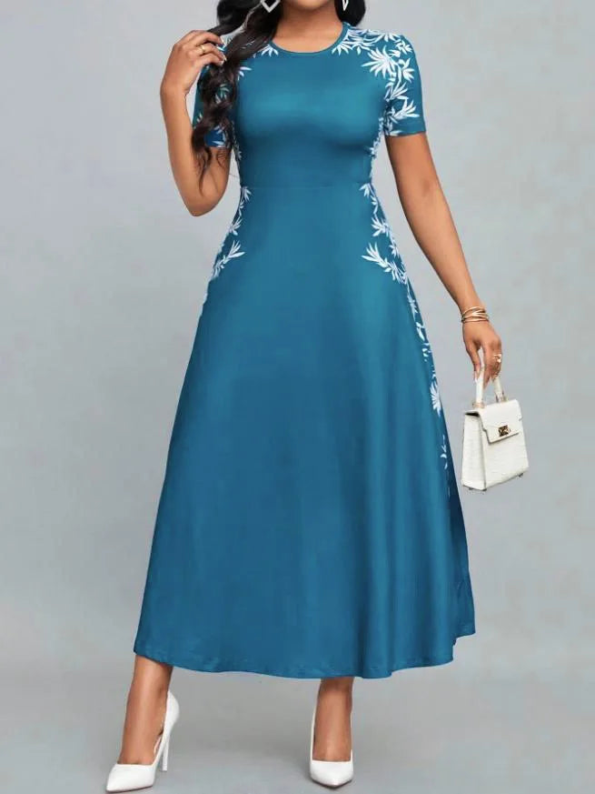 Fashion High Waist Printed Dress Elegant round Neck Women's Dress Stylish Cross-Border New Model from Europe And America