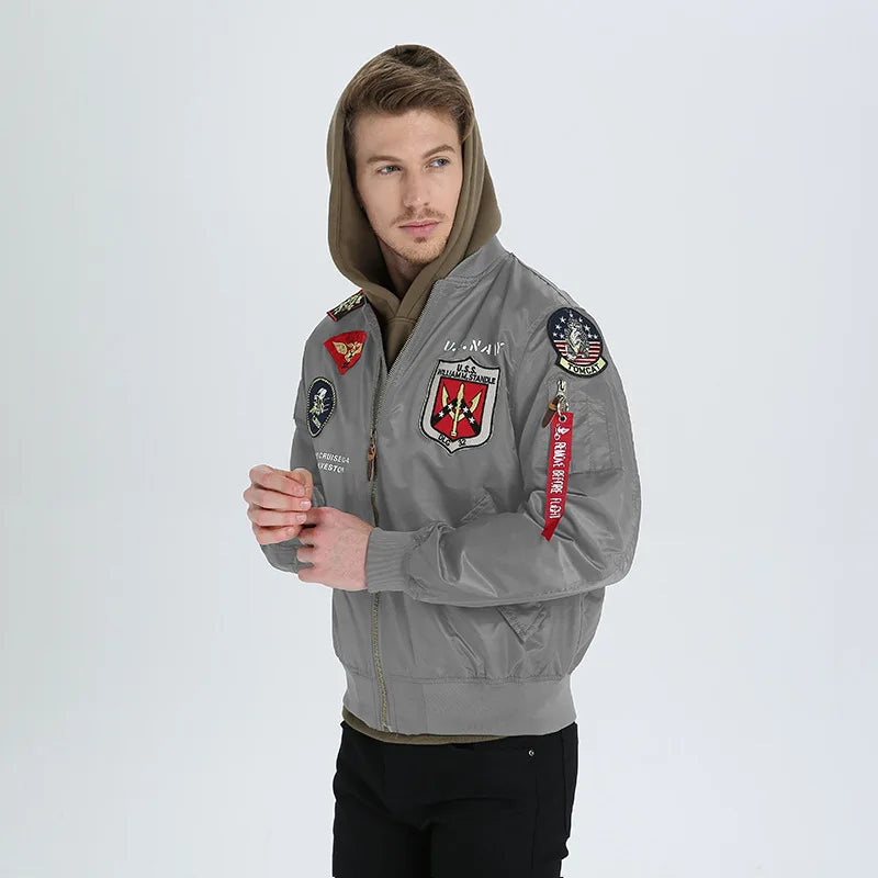 High Quality Military Fashion Casual Boy Youth Lightweight Top Gun Patch Embriodey Streetwear Ma1 Satin Flight Bomber Jacket Men