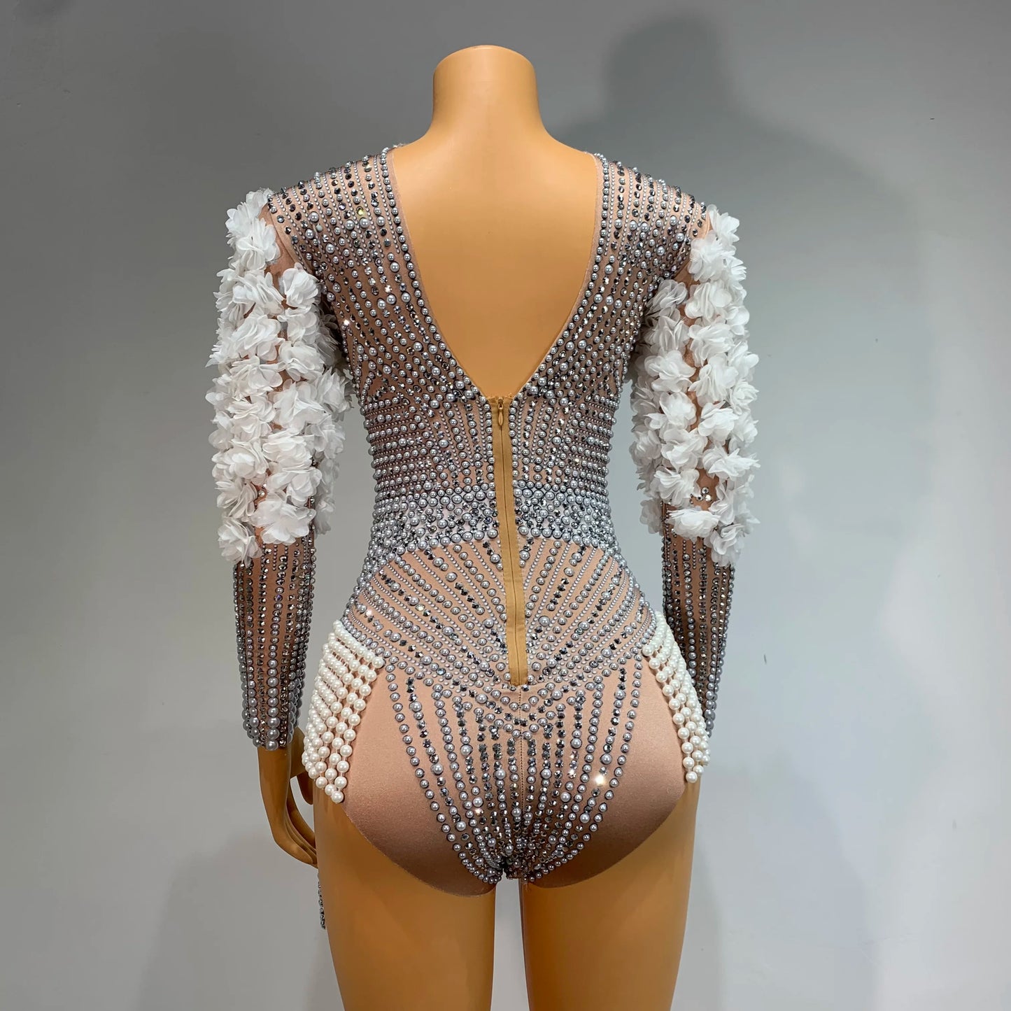 Shining Luxury Tight Bodysuit Women Sexy Pearls Rhinestone Flowers Stage Outfit Performance Dance Costume Nightclub Wear 2024