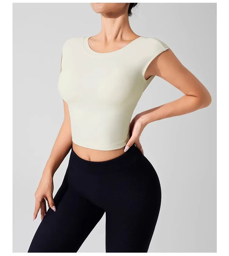 Women's Backless Fitness Clothes with Fixed Chest Pad Beautiful Top Short Sleeve Dance Sport  T-Shirt Yoga Wear