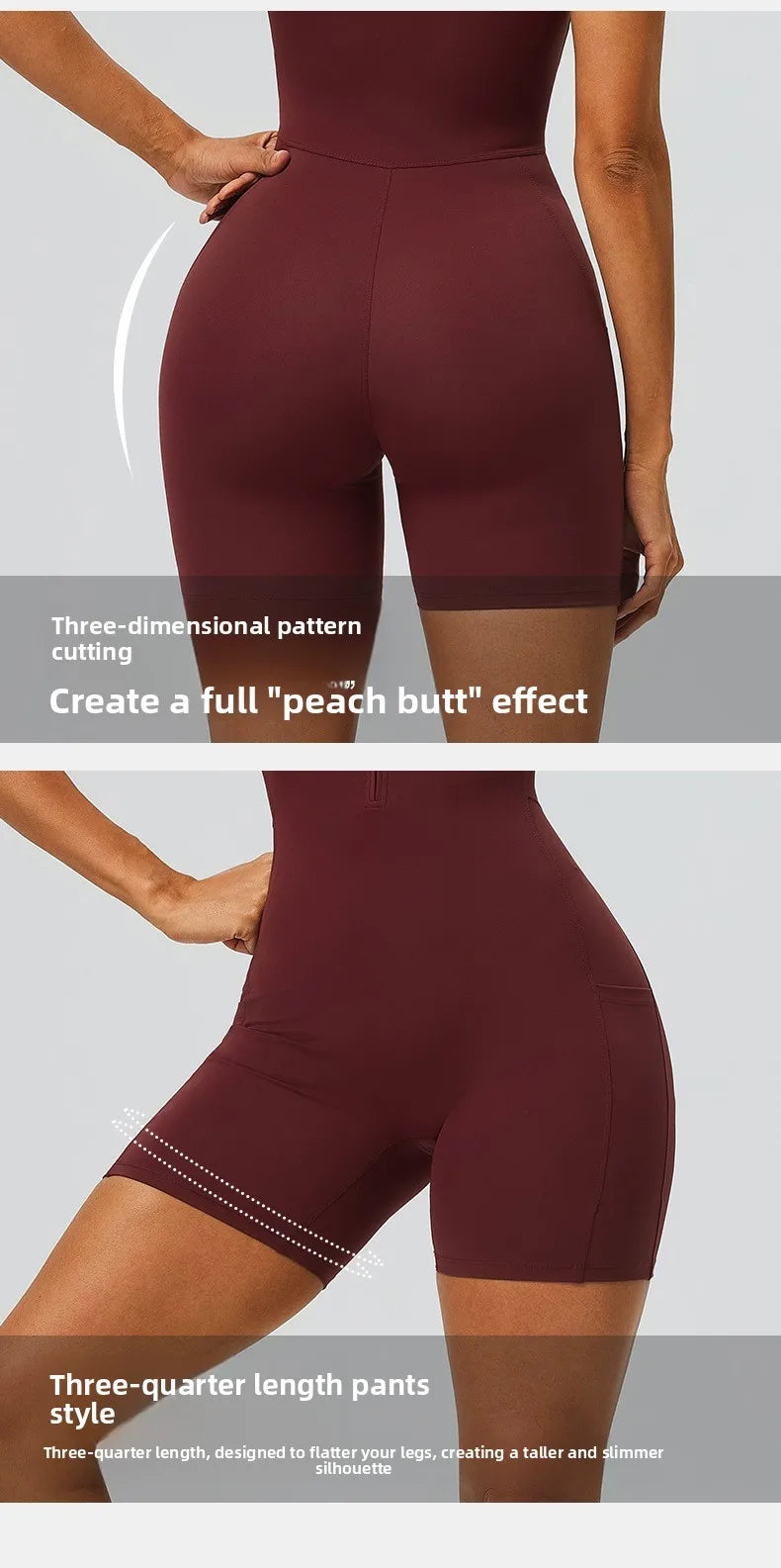 Women's zipper short sleeved yoga jumpsuit with functional pockets for hip lifting and tight fitting sports jumpsuit shorts