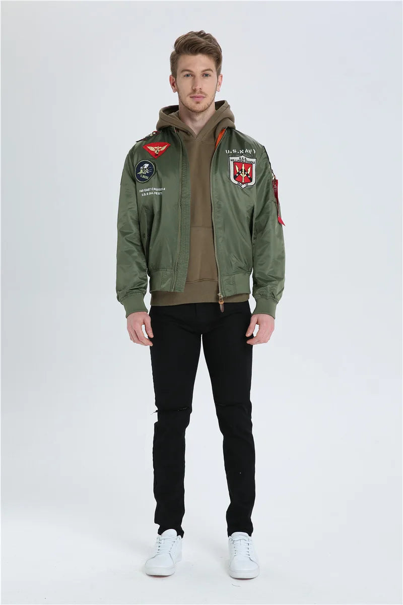 High Quality Military Fashion Casual Boy Youth Lightweight Top Gun Patch Embriodey Streetwear Ma1 Satin Flight Bomber Jacket Men