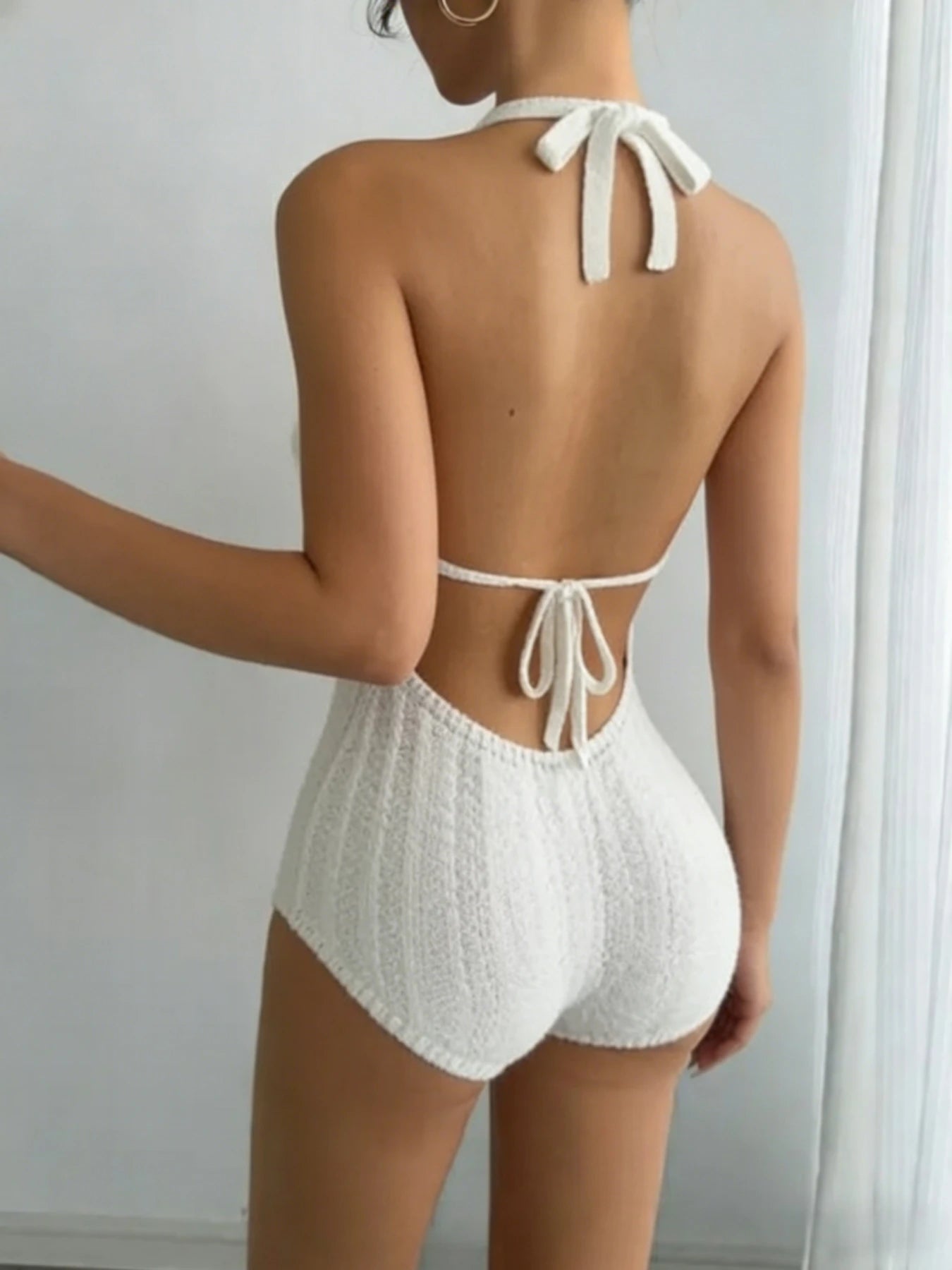 Women's Boho Crochet Halter Romper White Backless Slim Fit Knitted Bodysuit for Beach Vacation Summer Festival