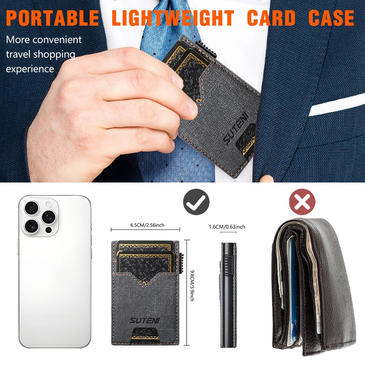 SUTENI Faux Leather Card Slot Wallet Flip Cover Unisex Card Box Pressing The Button Automatically Ejects The Card