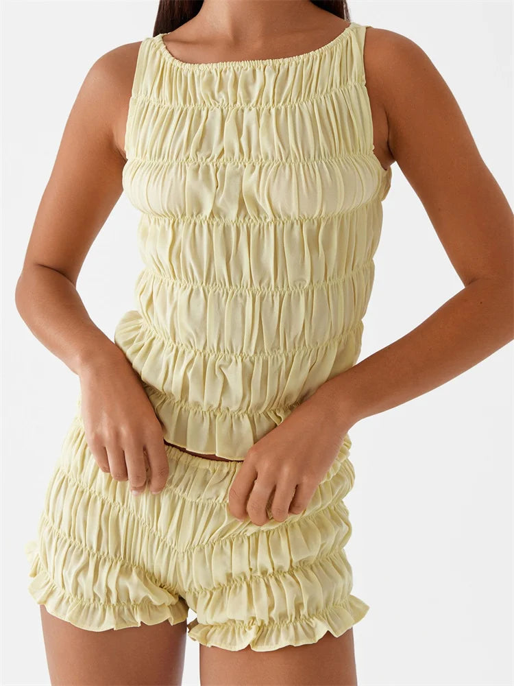 Women's 2 Piece Lounge Outfits Sleeveless Solid Color Ruched Tank Tops Shorts Sets