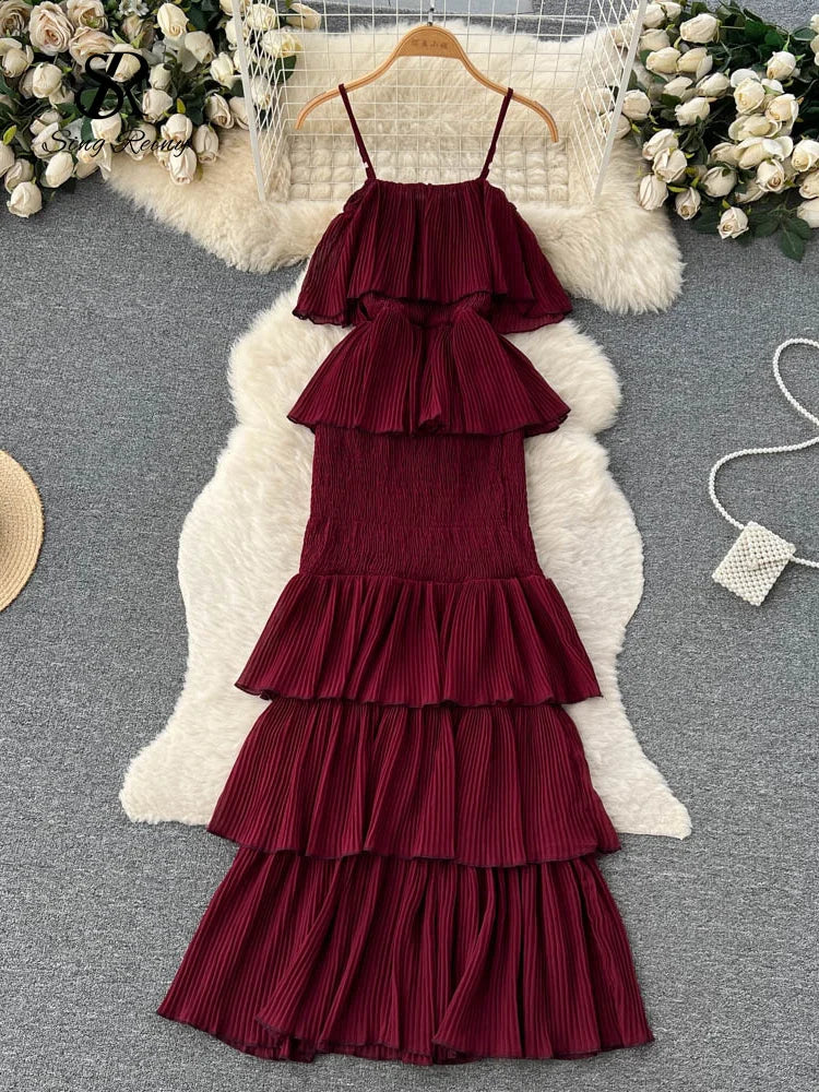 SINGREINY Women Hotsweet Chiffon Sundress Strap Cake Backless Sheath Bodycon Long Dress Vacation Retro Elastic Beach Dress