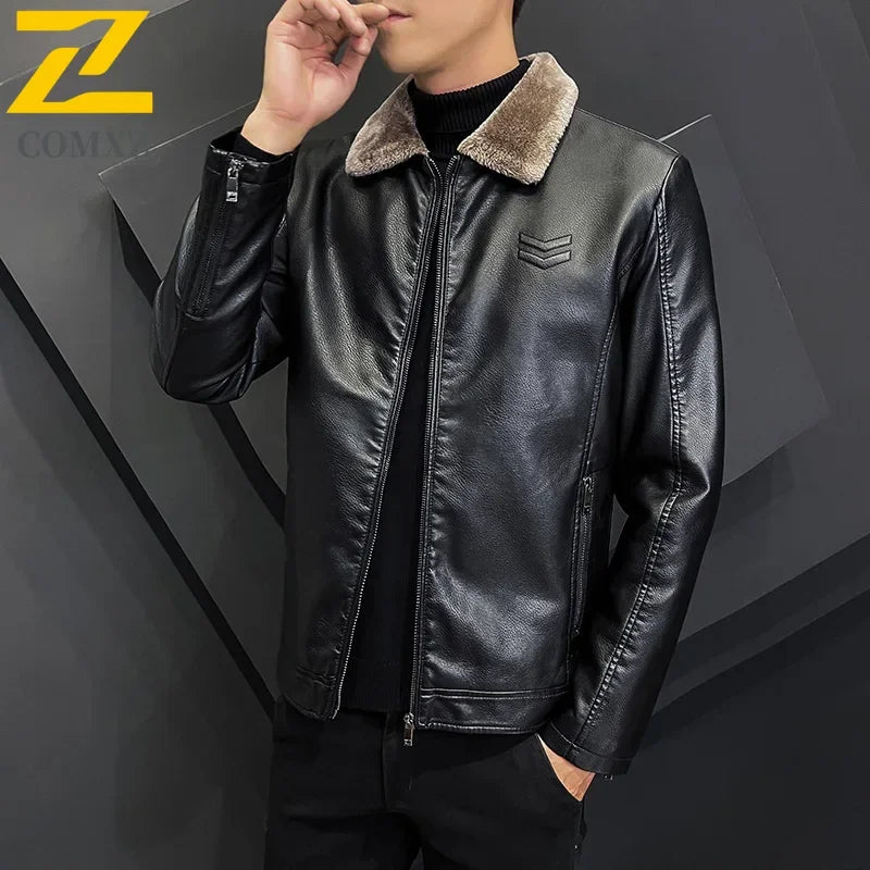 Winter Fashion Warmth Thickened Leather Jacket Lapel Solid Zipper Design Plus Size 4XL-M WorkCoat Men's Leather Jacket