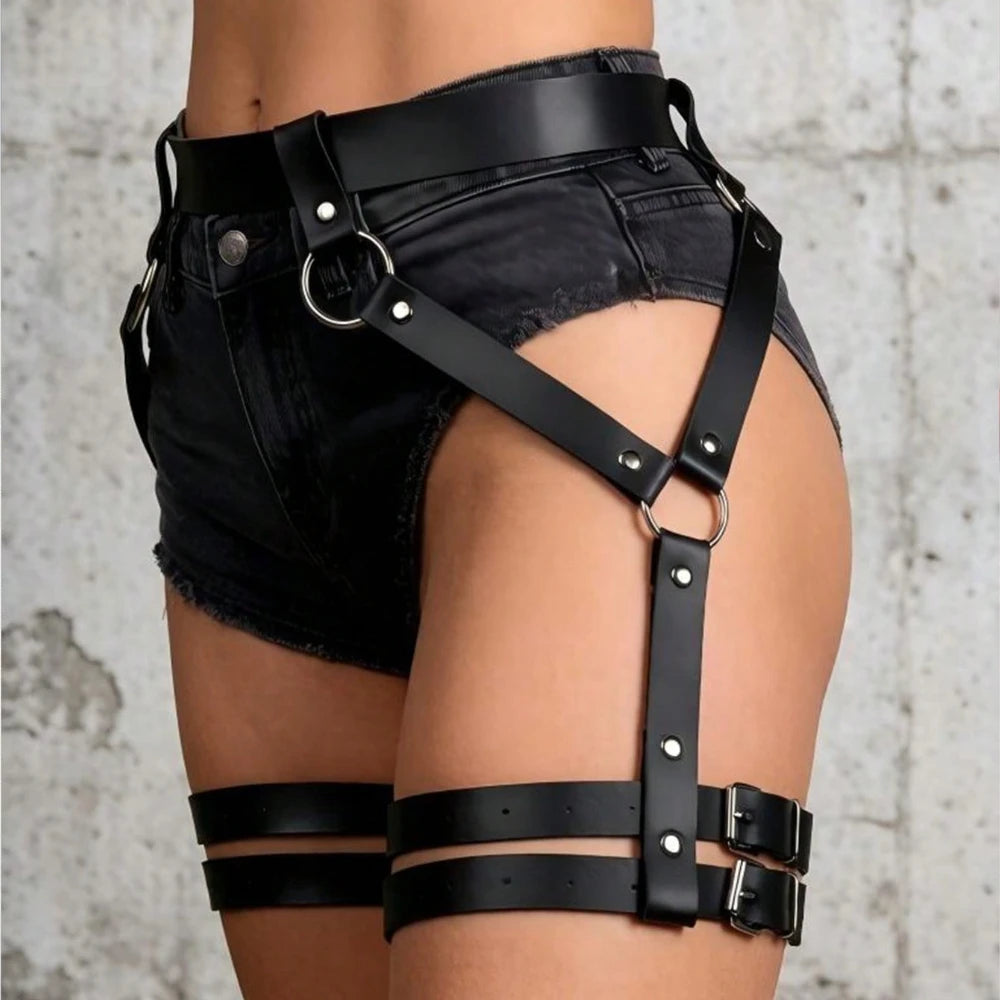 1PC Women's Casual Sexy Black Punk Style PU Leather Strappy Leg Ring Waist Belt Harness for Party or Gathering Wear Accessory