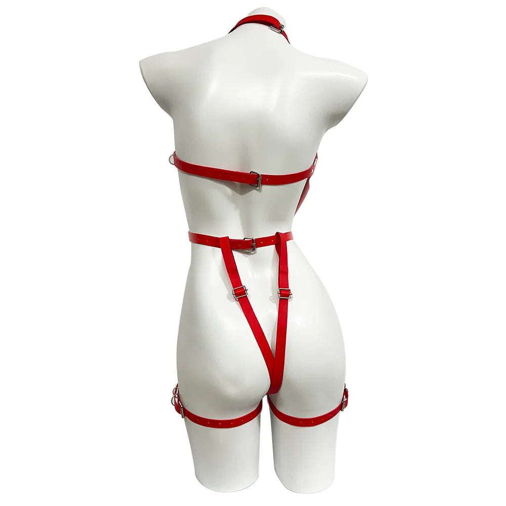 Women Sexy Red Full Body Harness Belt Gothic Leather Lingerie Garter Belt Bondage Chest Harness BDSM Fetish Clothing Rave Outfit