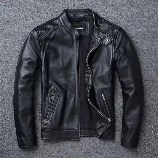 Men Cafe Racer Jackets Black Vintage Motorcycle Jacket  Retro Stand Collar Motorbiker Cowhide Leather Clothing Winter Size 6XL