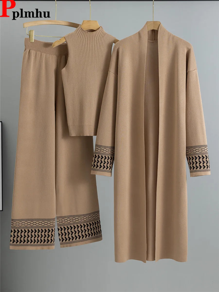 Korean Design Elegant Knitted 3 Piece Sets Women Knit Vest Sweater Long Cardigan Tops Conjuntos High Waist Wide Leg Pants Outfit