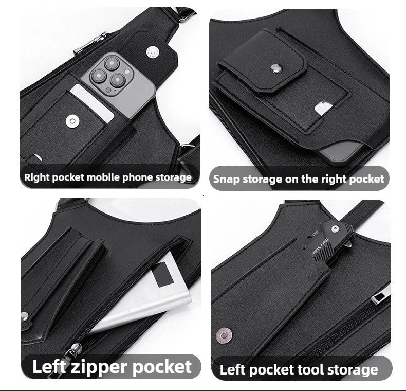 Luxury Design Men's Tactical Vest Bag High Quality PU Leather Man Chest Bag Phone Pouch Vintage Design Underarm Back Pack Bags