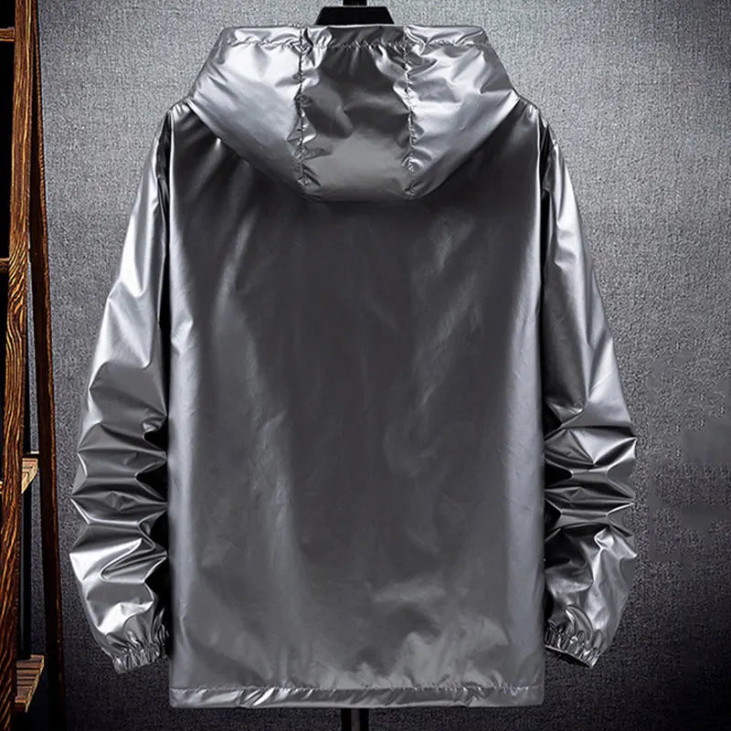 Men Shiny Jacket Shiny Silver Bright Hooded Zipper Bomber Jacket Autumn Thin Harajuku Windbreaker Waterproof Coats