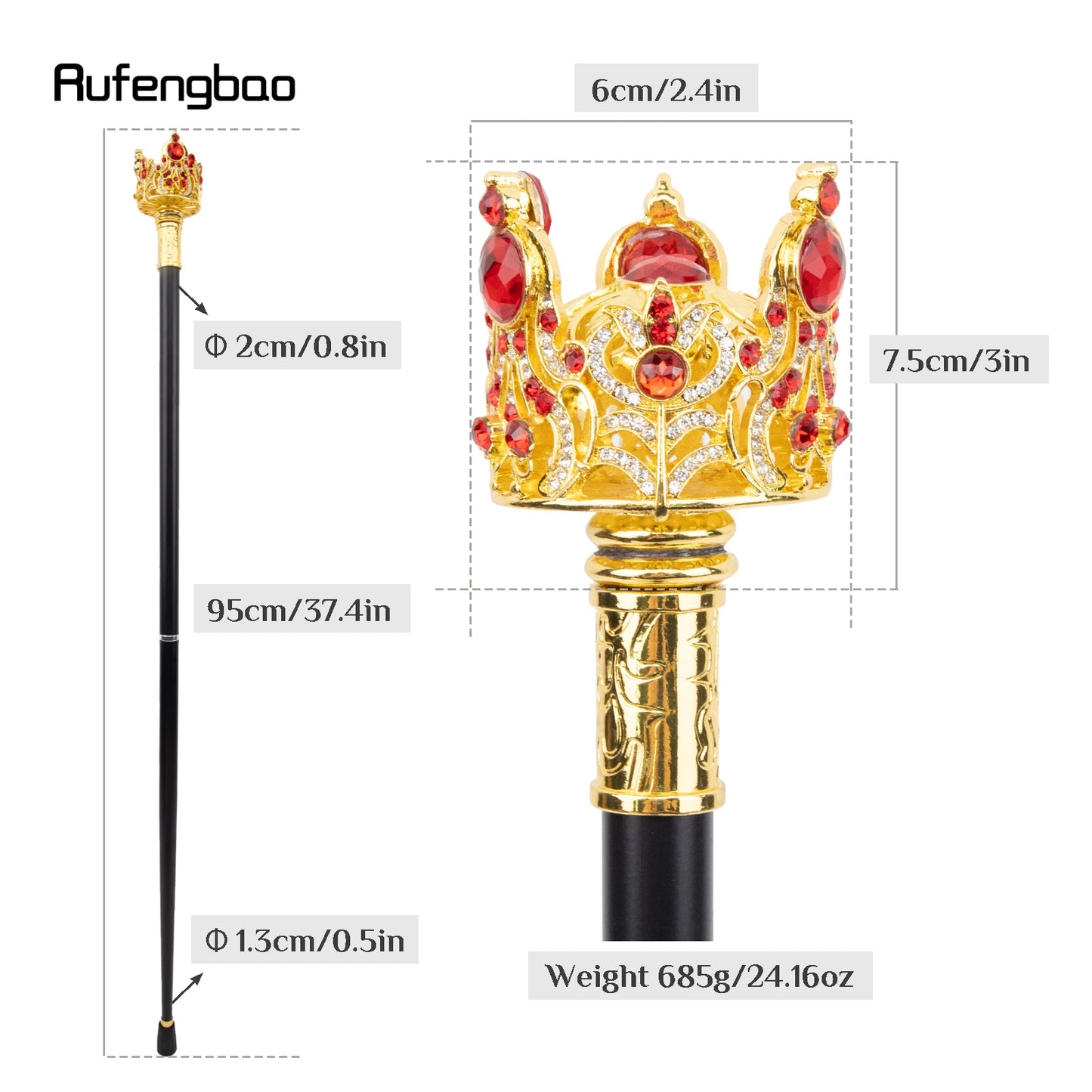 Red Diamond Type Golden Walking Cane Fashion Decorative Walking Stick Gentleman Elegant Cosplay Cane Knob Crosier 93cm