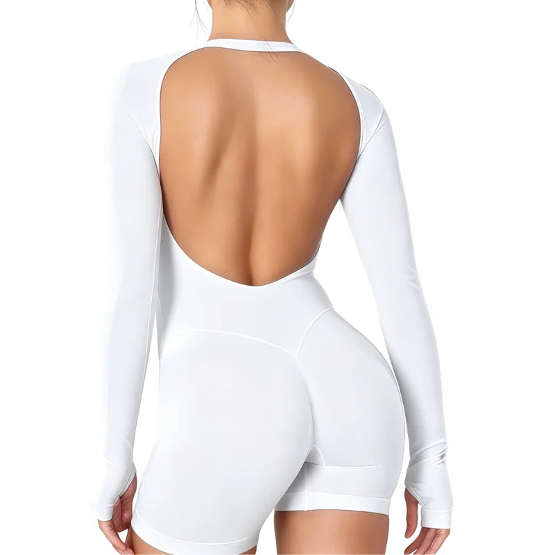 Gym Bodysuit Long Sleeve One Piece Women Hollow Back Bodycon Yoga Fitness Slim Fit Running Workout Backless Sports Jumpsuit
