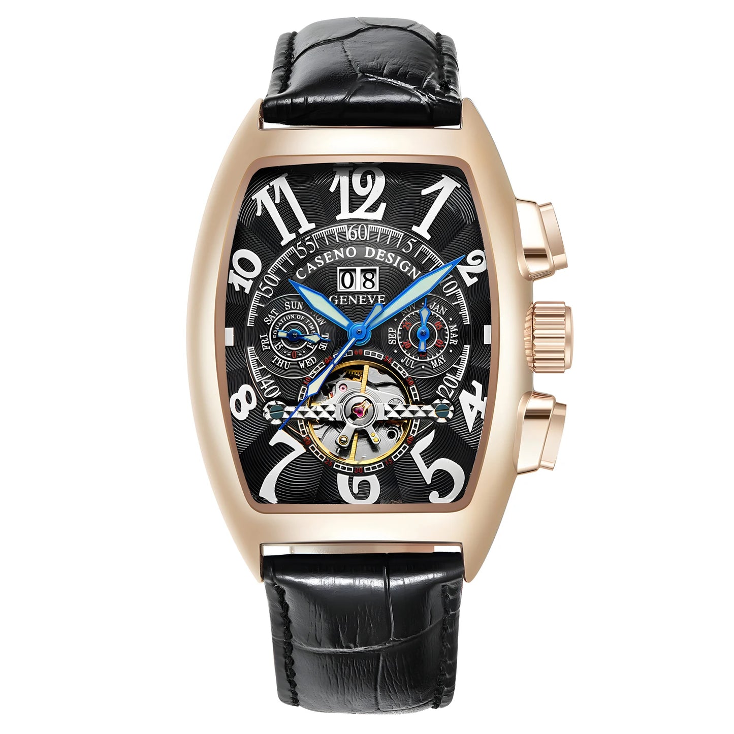 CASENO Top Luxury Brand Men's Fully Automatic Mechanical Tourbillon Watch Calendar Night Glow Tonneau Skeleton Watch -577G
