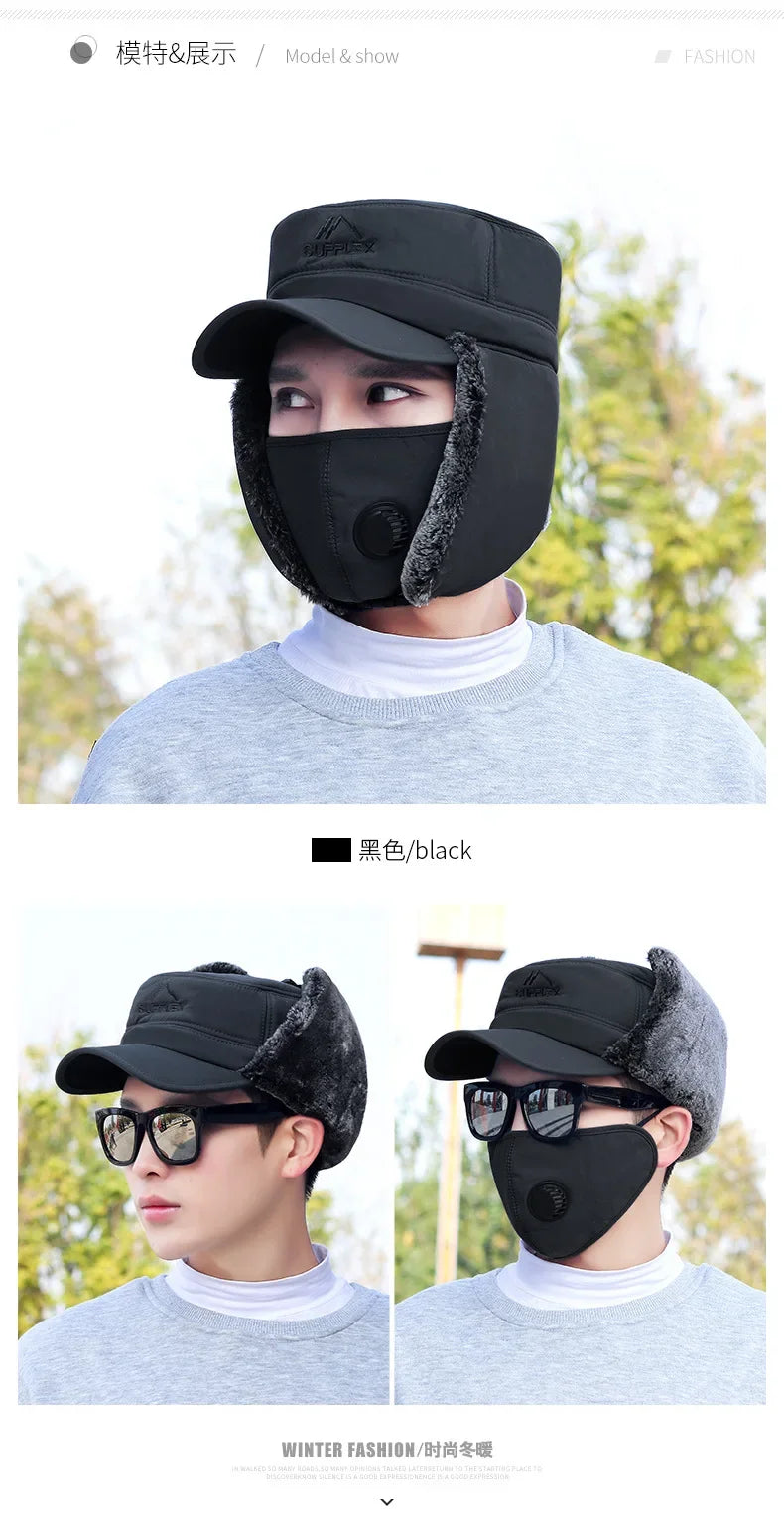 Fashion New Winter Bomber Hats Men's Northeast Mask Ushanka Lei Feng Hat Outdoor Windproof Keep Warm Thick Earmuffs Flat-Top Cap