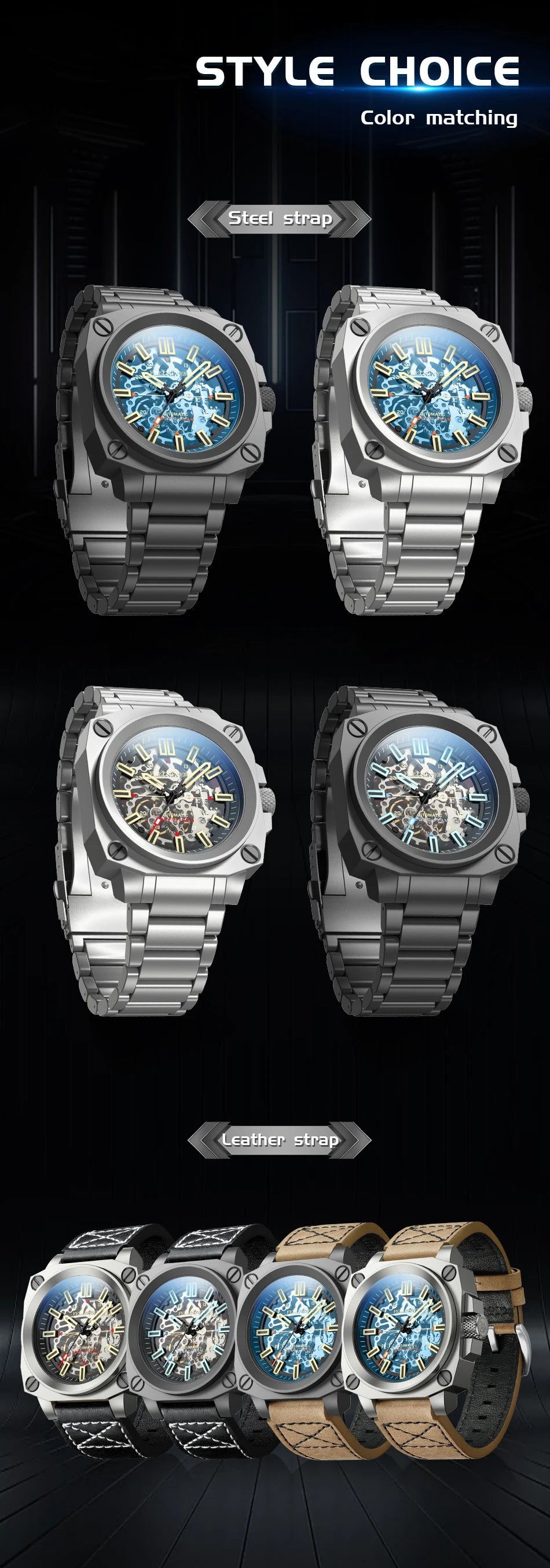 FeelNever Kreative Herrenuhr mit Automatikwerk, ausgehöhlt, modisch, lässig, sportlich, Militär, Leder, wasserdicht, mechanische Uhr + Box