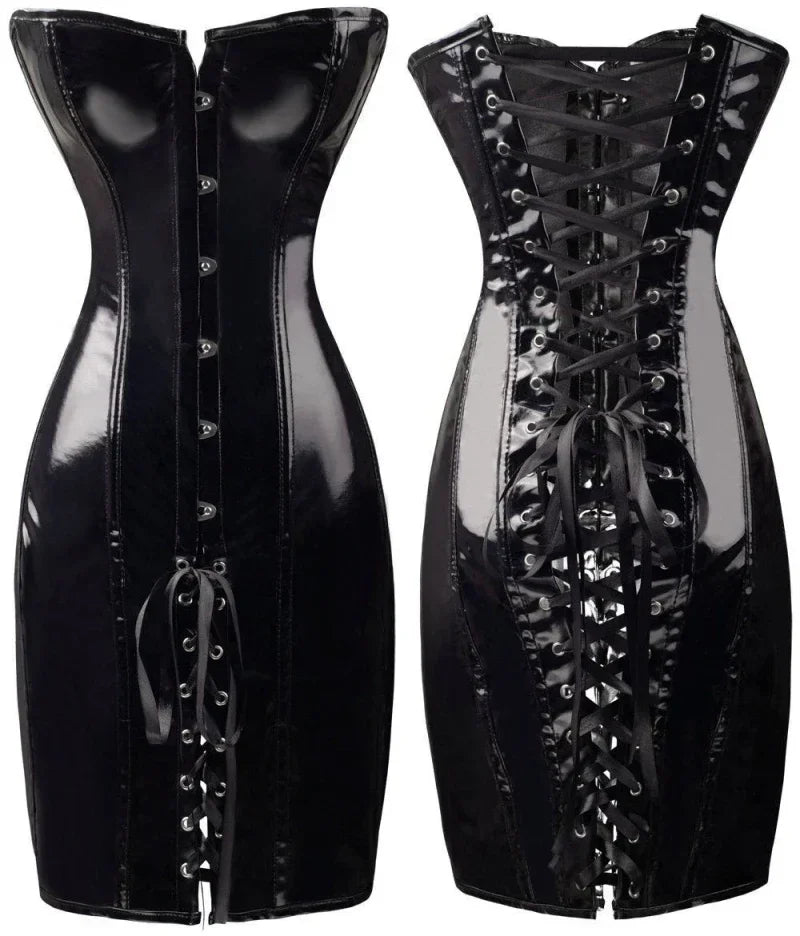 Pvc Leather Corset Dress Lace-Up Long Torso Bustiers Steampunk Gothic Punk Corsets Party Night Club Vestidos