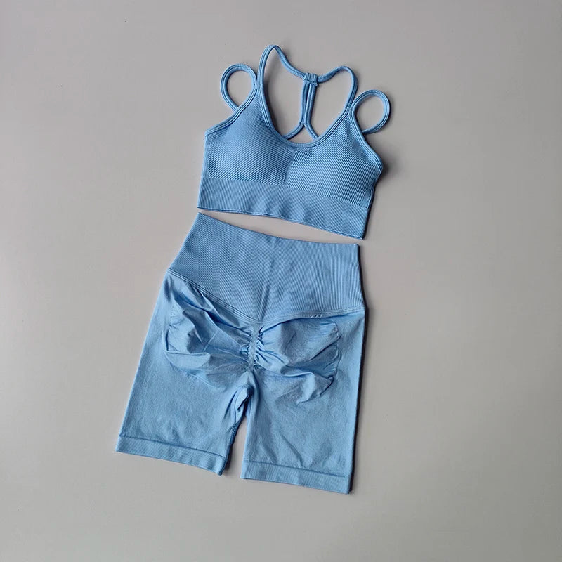 2PCS Seamless Yoga Set for Women High-Waist Butt Lifting Sportswear Workout Gym Fitness Tight Short And Sport Bra Suit