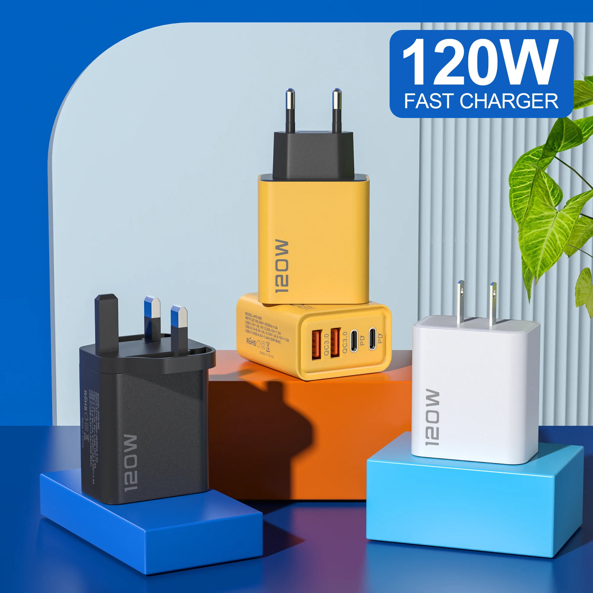 New 120W 4 Port USB Type C Charger Fast Charging Data Cable USB Phone Charger Adapter For Samsung iPhone Huawei Wall Charger