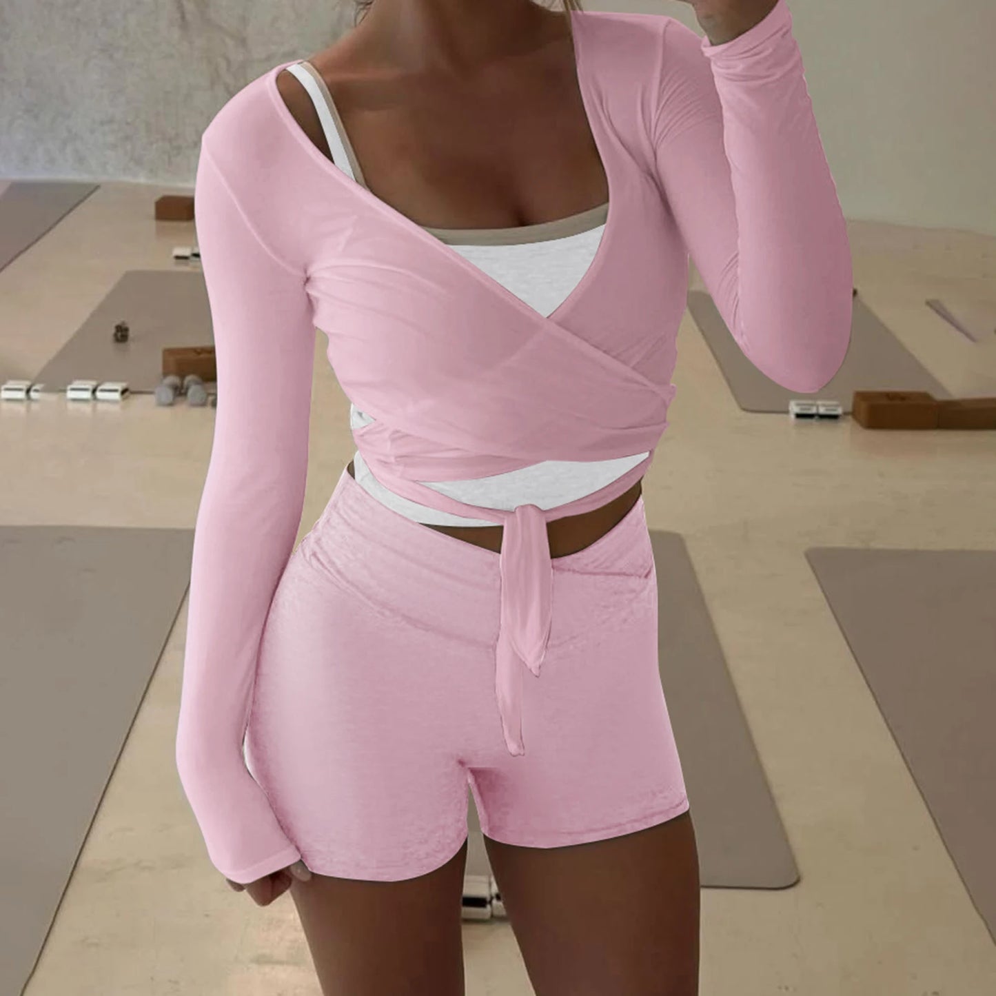 Women Fitness Yoga T-Shirts Solid Color Tie-Up Front V-Neck Long Sleeve Bottoming Shirt Seamless Workout Tops