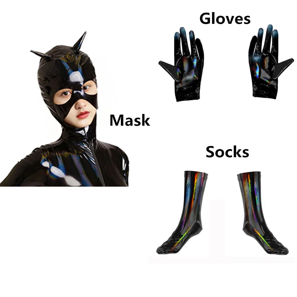Adult Cat Girl Cosplay Costume Women Sexy Shiny Leather PU Zipper Open Crotch Bodysuit Tights One-piece Unitard Leotard Jumpsuit