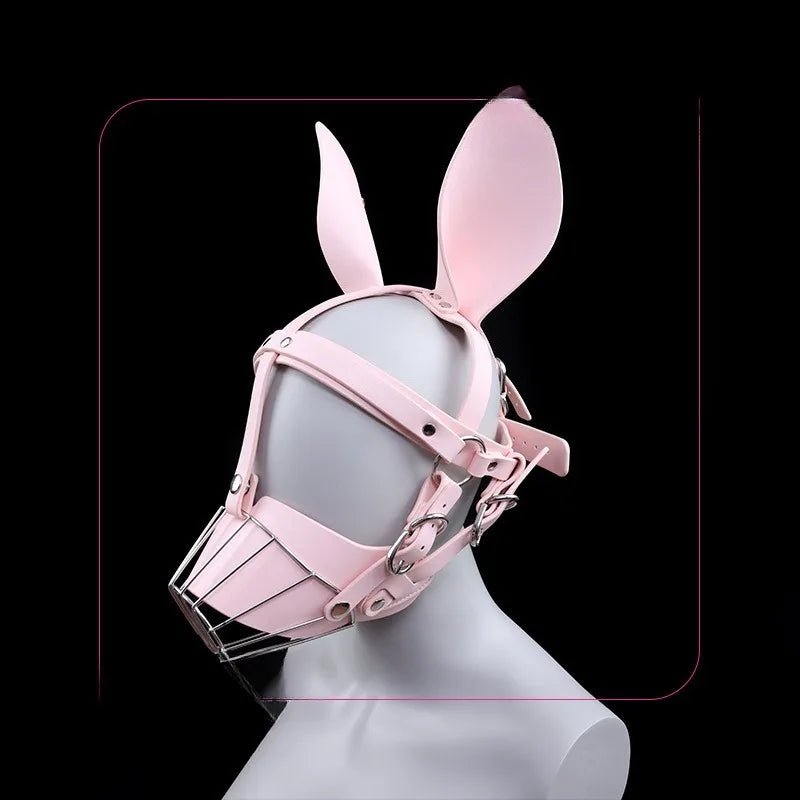 Sexy Pink Leather Hood Cute Style B*SM Human Muzzle Helmet Women Lingerie Restraint Straps Mask Adult Products Role Play Devices