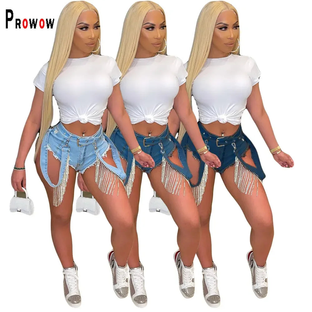 Prowow Fashion Diamond Tassel Damen Shorts Sommer Denim Superkurze Hose Neues Design Y2k Style Boutique Jeans für Party Club