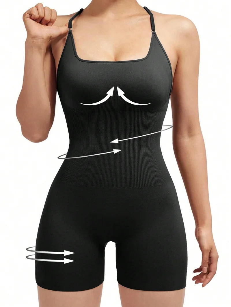 Sexy Fitness-Overall für Damen, kreuzverstellbar, Sport-Playsuit, Lauf-Einteiler, Yoga-Anzug, Scrunch-Shorts, rückenfrei, Set, Strampler