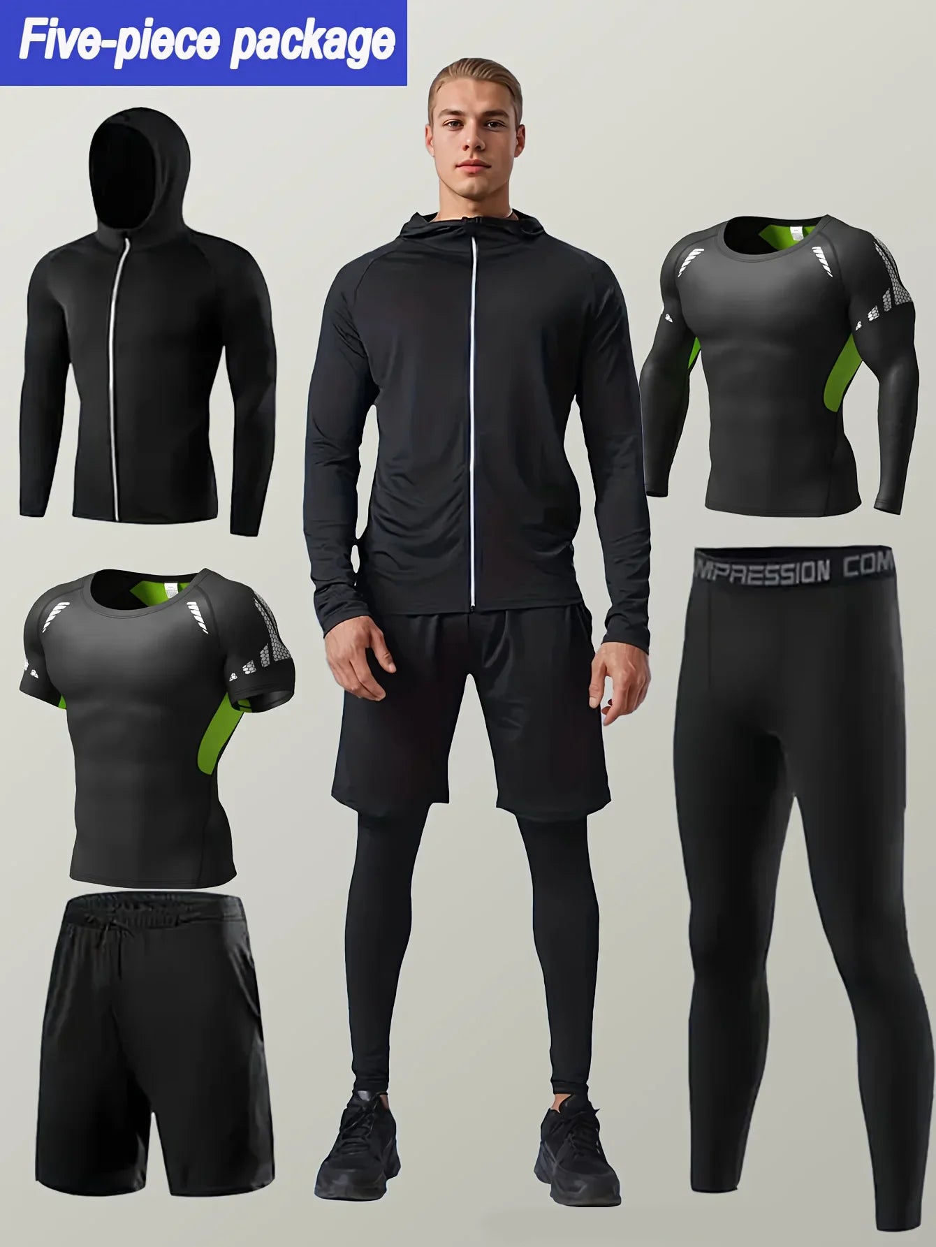 Men's fitness set of 5 pieces, quick-drying clothing, suitable for fitness, basketball and training, highly elastic set