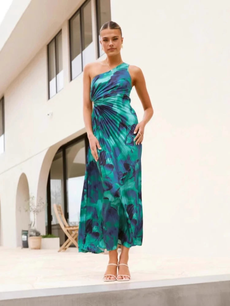 2025 Summer Fashion New Women's Elegant Temperament Pleated Dress Slanted Shoulder Sleeveless Sexy Vacation Print Dress