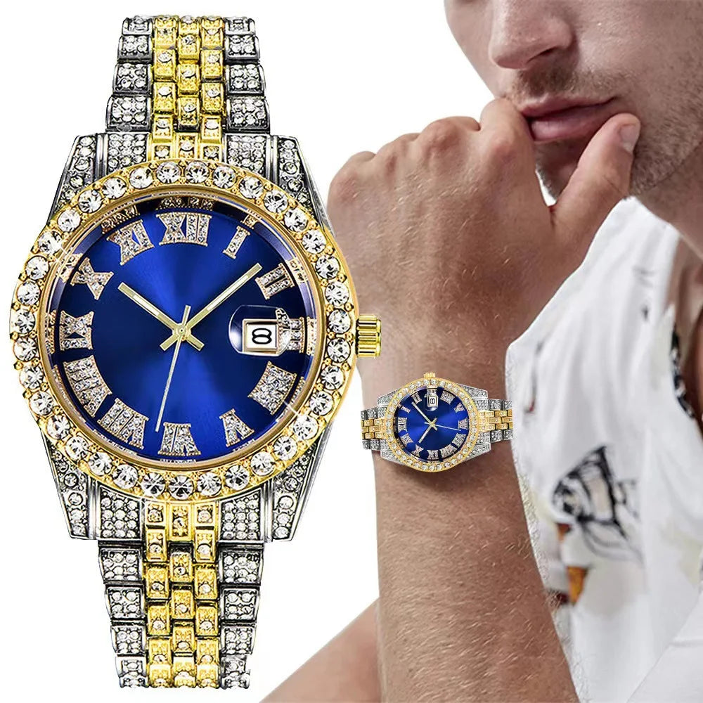 2pcs Fashion Diamond Men Women Watches Gold Watch Ladies Wrist Watch Luxury Rhinestone Unisex Bracelet Watches Female Clock