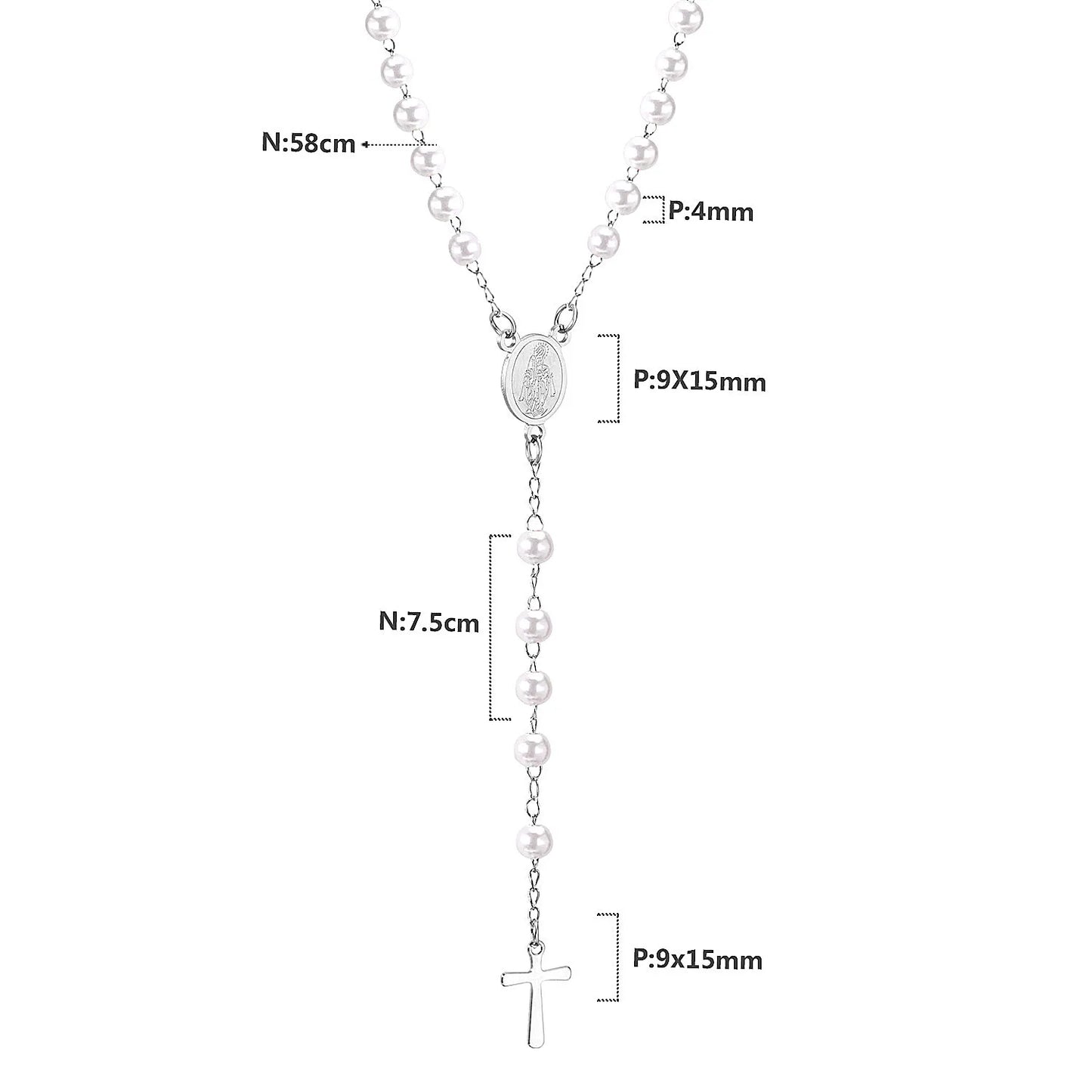 LUXUSTEEL Stainless Steel Long Necklace Virgin Mary Cross Pendant with 35cm+15cm Extender Bead Chain Jewelry