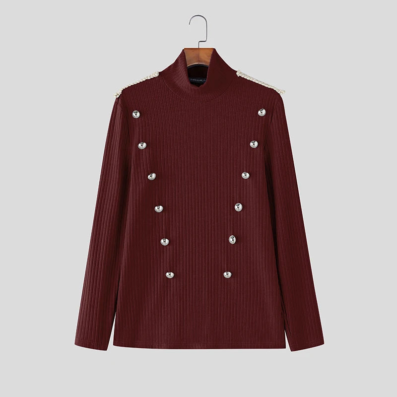 INCERUN Men Sweater Patchwork Turtleneck Long Sleeve Knitted Male Pullovers Button Streetwear Fashion Casual Men Clothing S-3XL