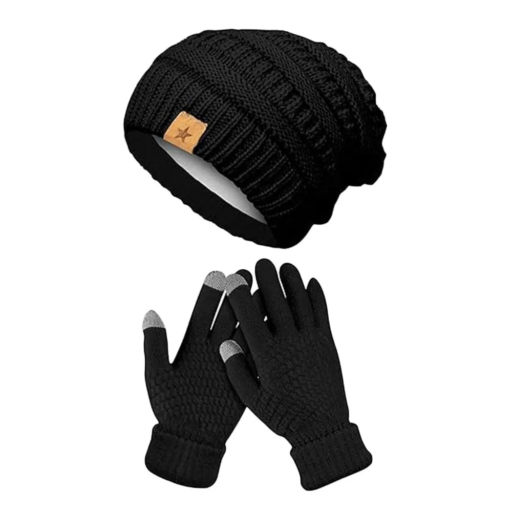 2PCS/Set Gift Warm Women Hats Gloves Set Soft Ear Protection Winter Warm Mitten Windproof Plush Beanie Cap for Men Women