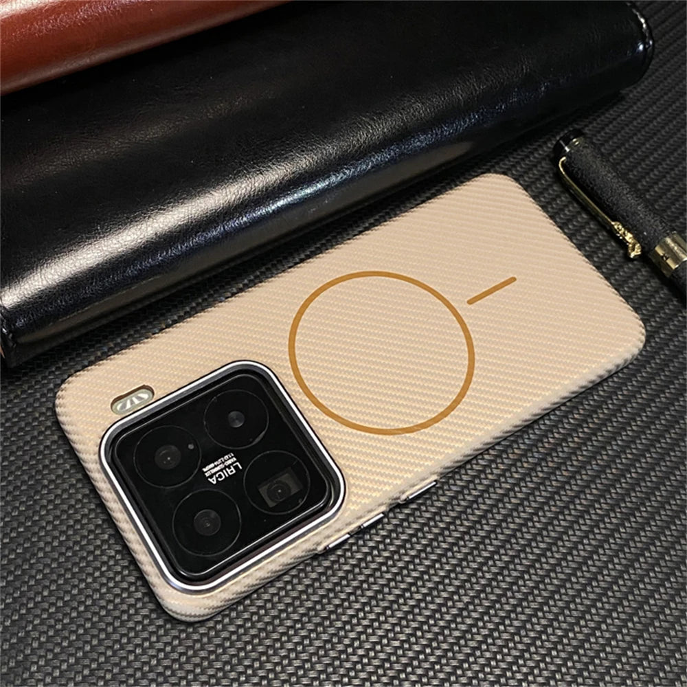 Ultra thin Carbon Fibre Pattern Metal Lens Frame Case for Xiaomi Mi 15 Pro Mi 14 Magnetic Wireless Charging Hard PC Slim Cover