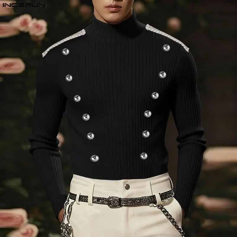 INCERUN Men Sweater Patchwork Turtleneck Long Sleeve Knitted Male Pullovers Button Streetwear Fashion Casual Men Clothing S-3XL
