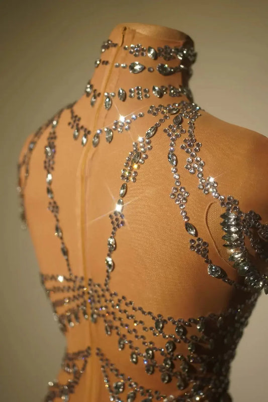 Women Sexy Mesh Sheer High-quality Rhinestone Bodysuit Dance Stage Performance Costume Singer Party Club Show Bodysuit Wuniang