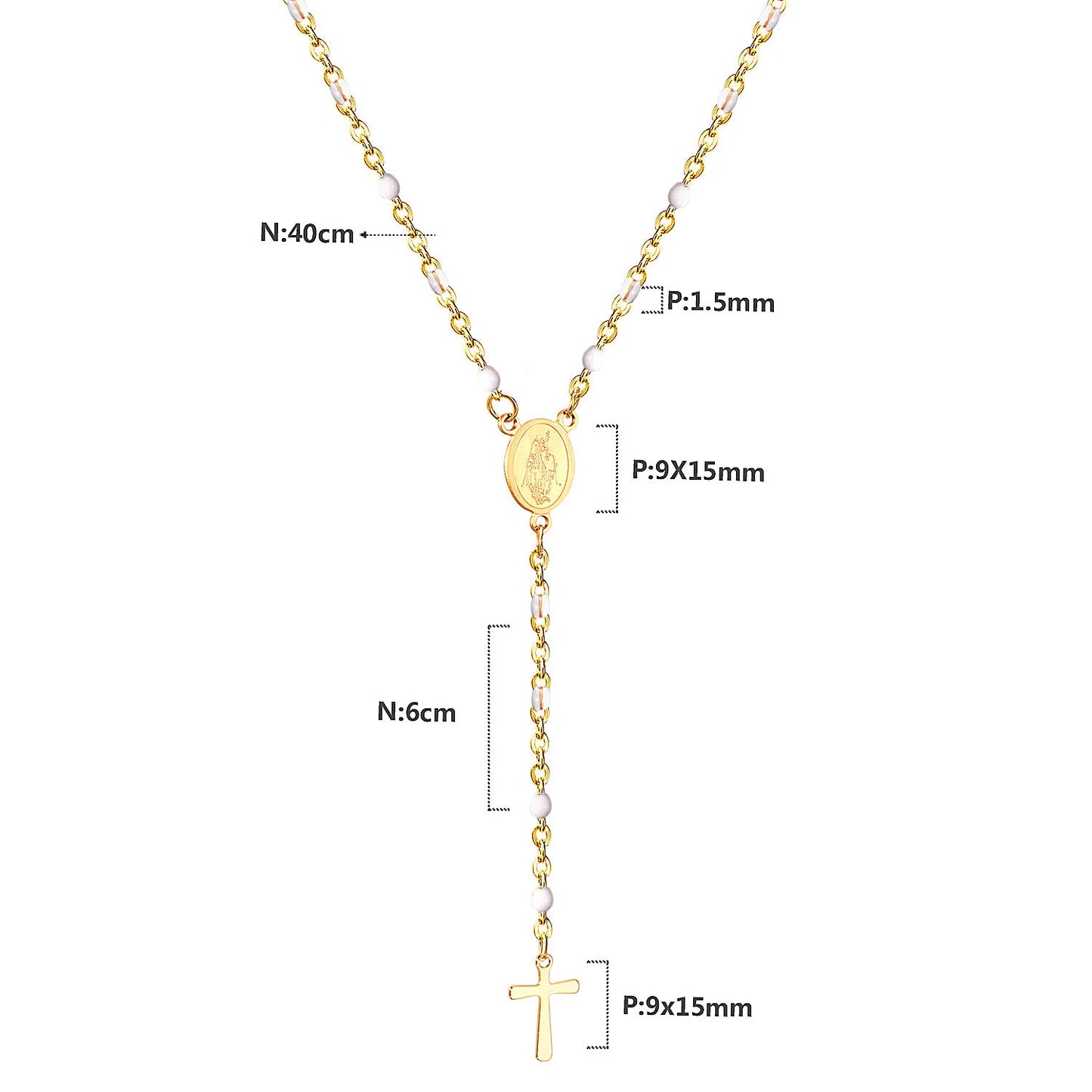 LUXUSTEEL Stainless Steel Long Necklace Virgin Mary Cross Pendant with 35cm+15cm Extender Bead Chain Jewelry