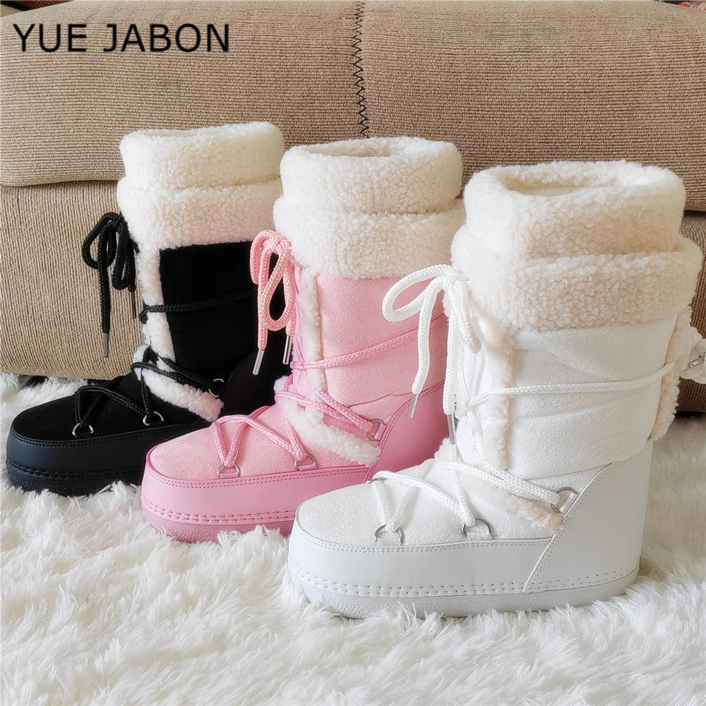 Pink Lamb Fleece Cotton Snow Boots for Women 2026 Winter Soft Warm Comfortable Lace-up Mid-calf Boots Soft Non-slip Ski Boots