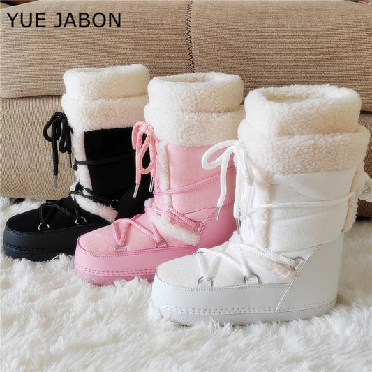 Pink Lamb Fleece Cotton Snow Boots for Women 2026 Winter Soft Warm Comfortable Lace-up Mid-calf Boots Soft Non-slip Ski Boots