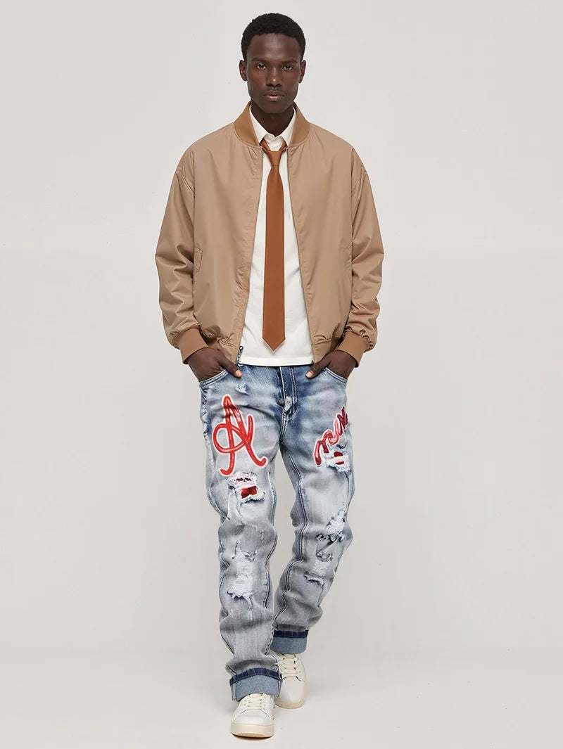 Men's Hip-Hop Style Distressed Holes Jeans Wash Ripped Pants with Red Embroidered Patches Casual Trendy Streetwear Trousers