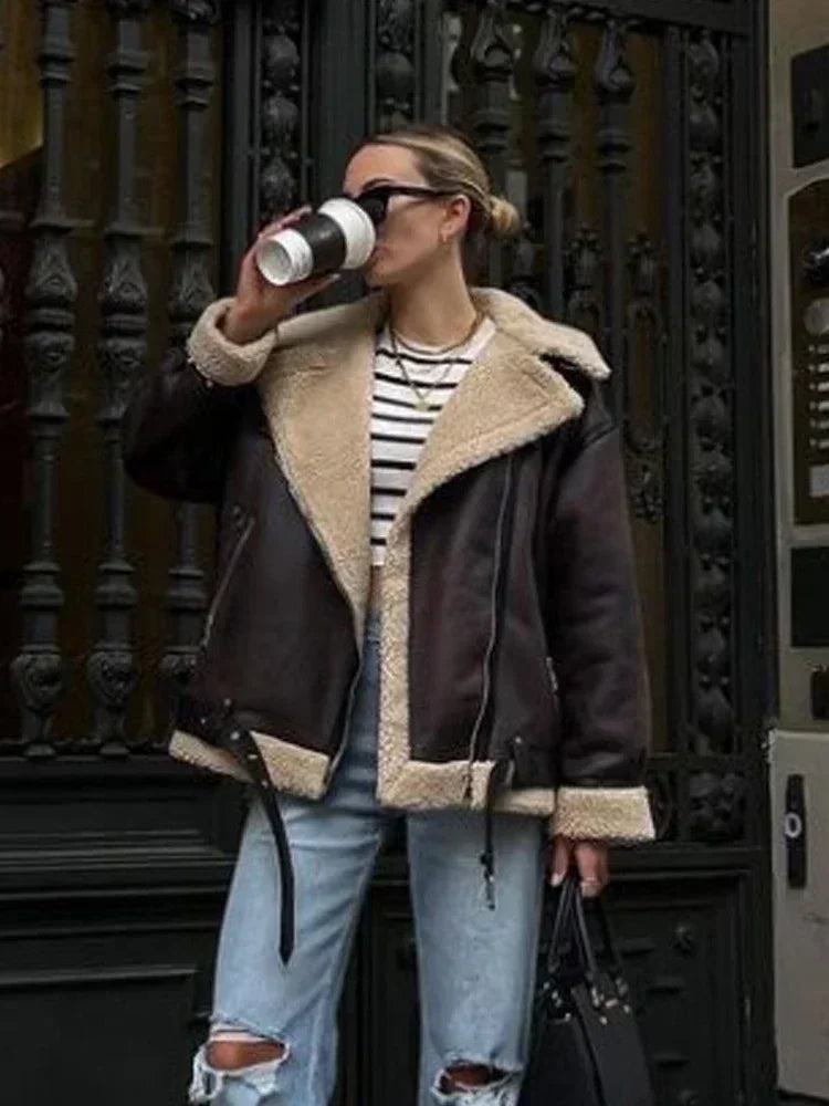 Winter New Coats and Jackets Warm Faux Leather Jacket Thick Oversize Outerwear Long Sleeve Luxury Women's Jacket