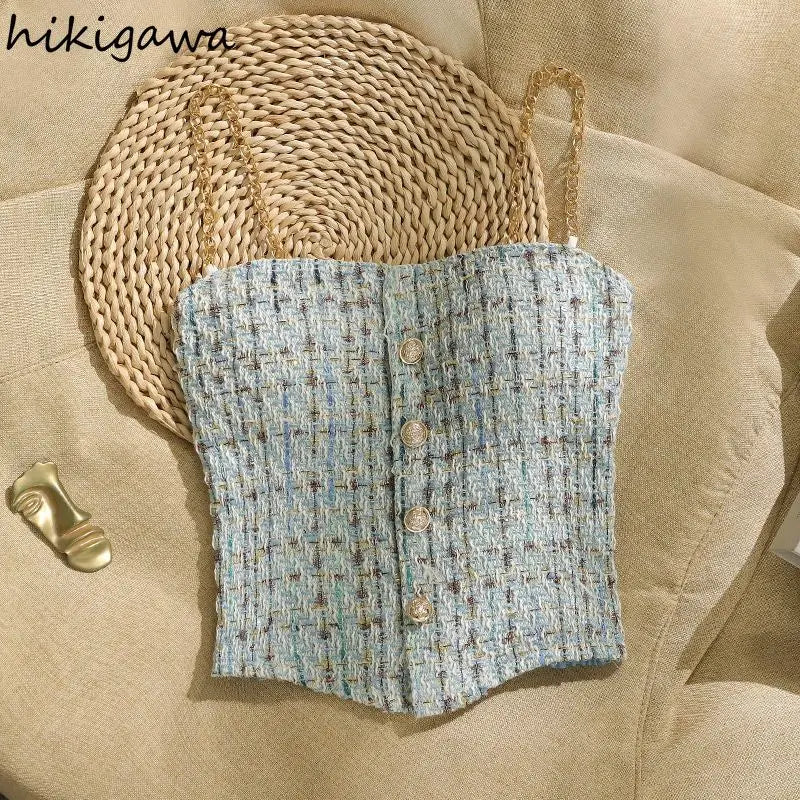 Ropa Mujer Summer Tanks for Women's Sweet Plaid Tunic Sleeveless Camis Crop Tops Chic Chian Backless Single Breasted Vest