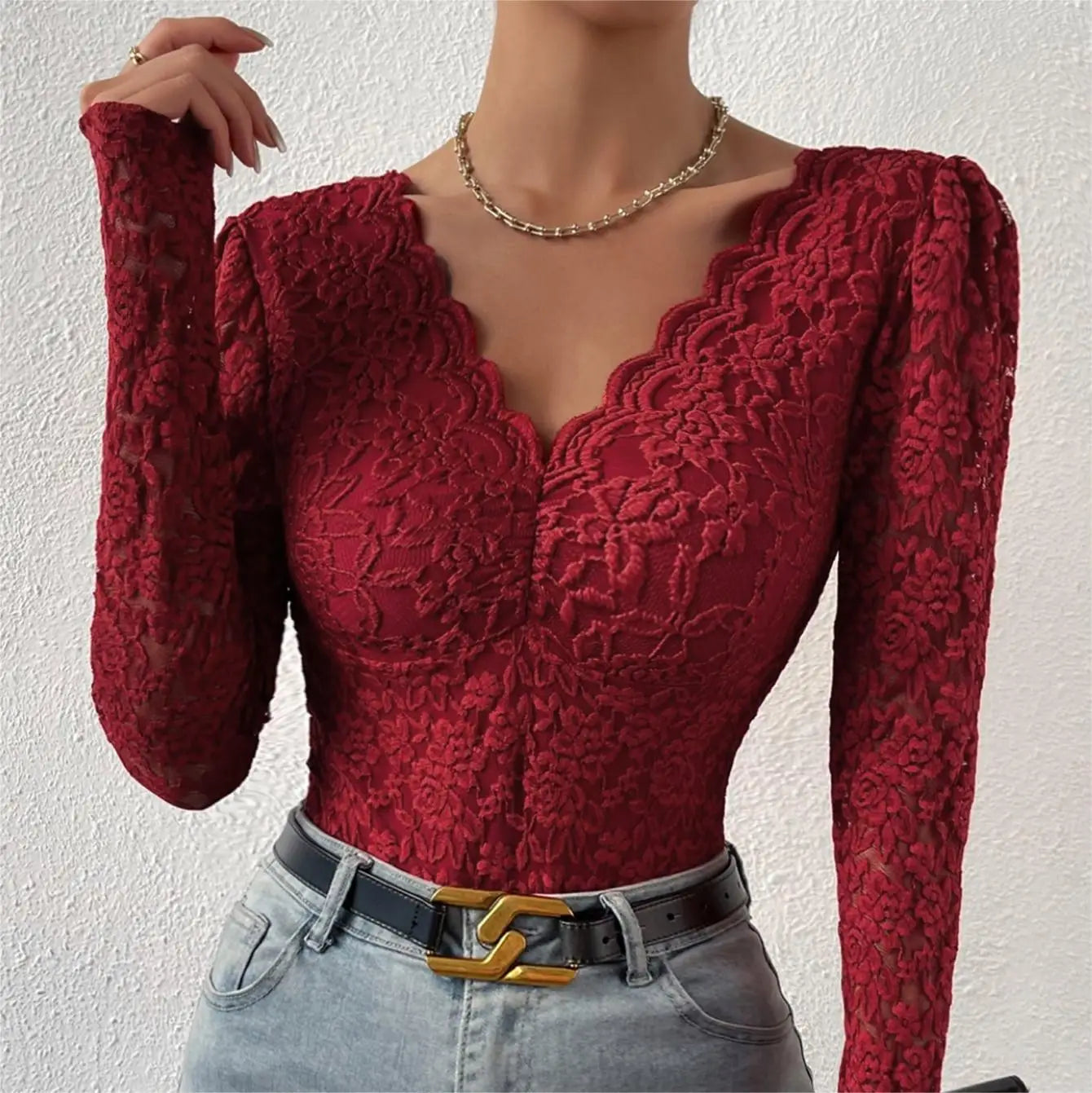 Women's Jumpsuit Onesie Lace Long Sleeve Perspective Embroidery Black V-neck Slim White Base Shirt Red Bodysuit