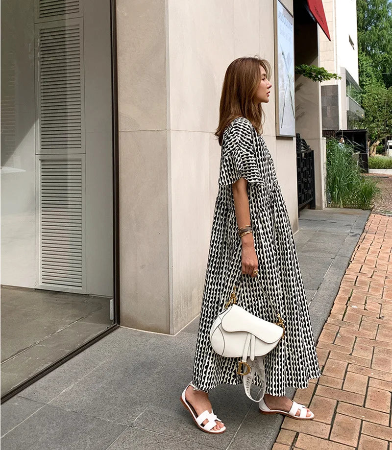 Johnature 2025 New Print Ruffles Sleeve Women Dresses Summer Korean Loose O-neck Simple Female Dress