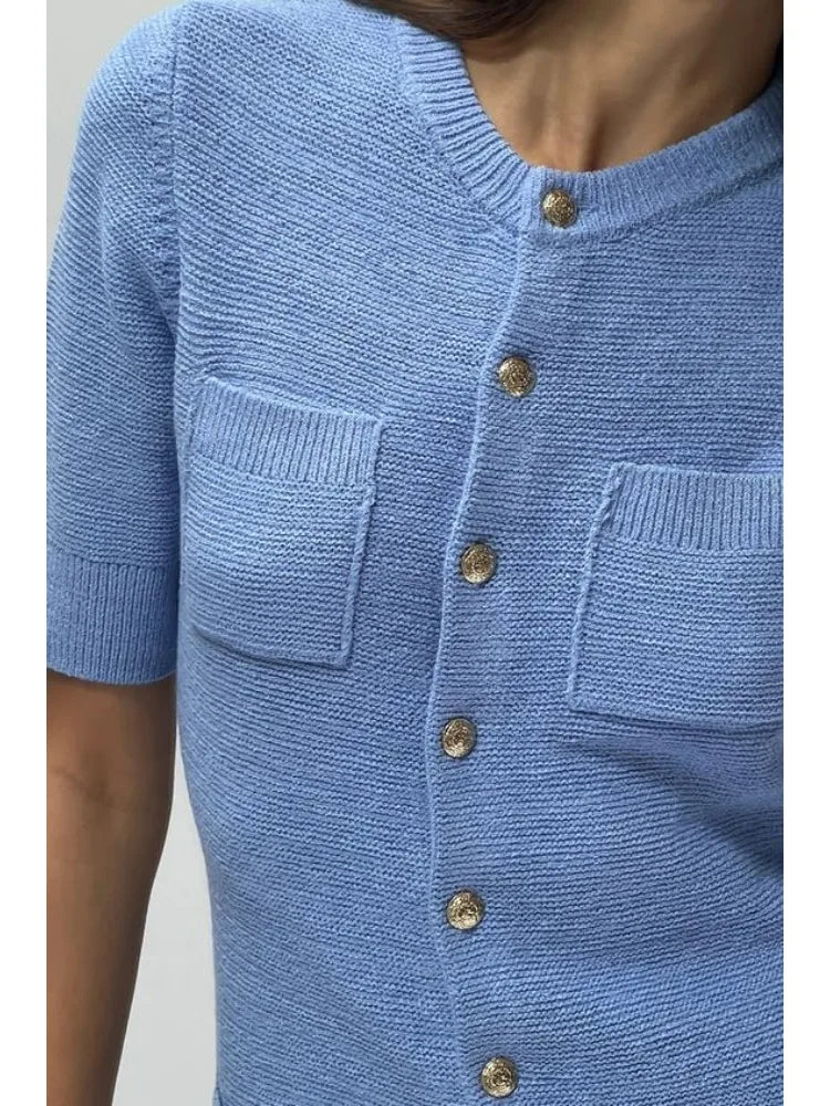 Women O-neck Short Sleeve Bodycon A-line Dresses Knitted Pocket Single Breasted Mini Dress New Chic Office Lady Vestidos