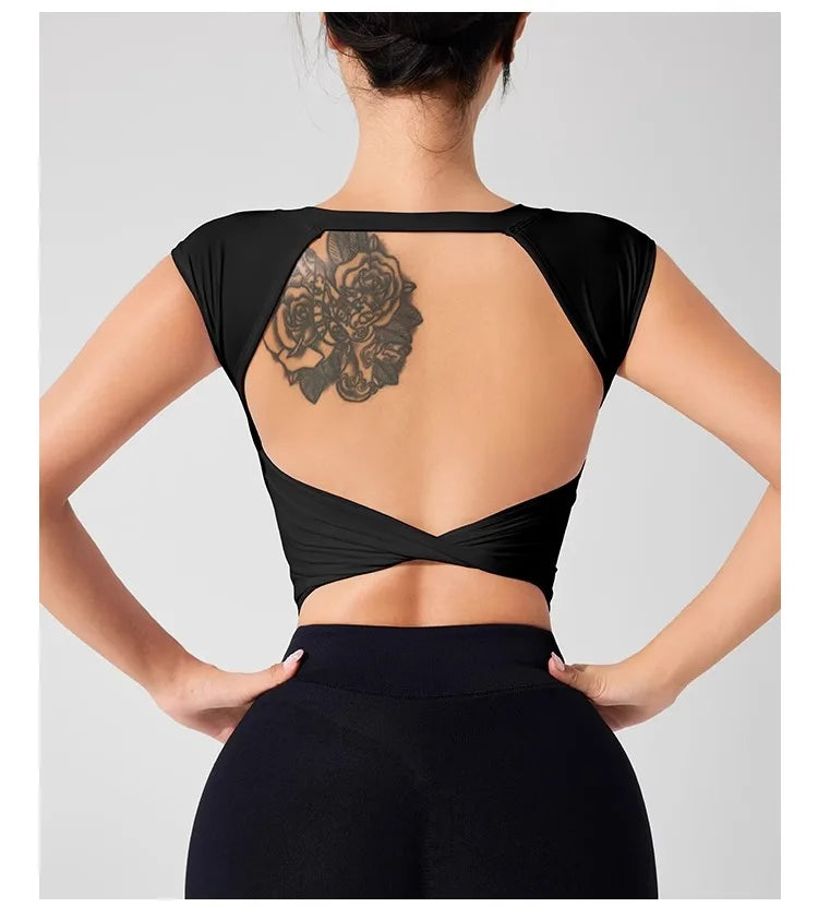 Women's Backless Fitness Clothes with Fixed Chest Pad Beautiful Top Short Sleeve Dance Sport  T-Shirt Yoga Wear