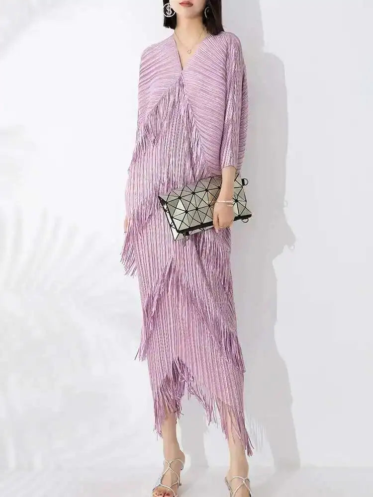 LANMREM 2025 New Elegant Party Tassel Pleated Dress Women V Neck Sequins Spliced Irregular Long Dresses Fashion Clothing 2DA1641